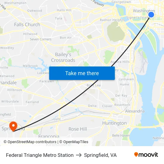 Federal Triangle Metro Station to Springfield, VA map