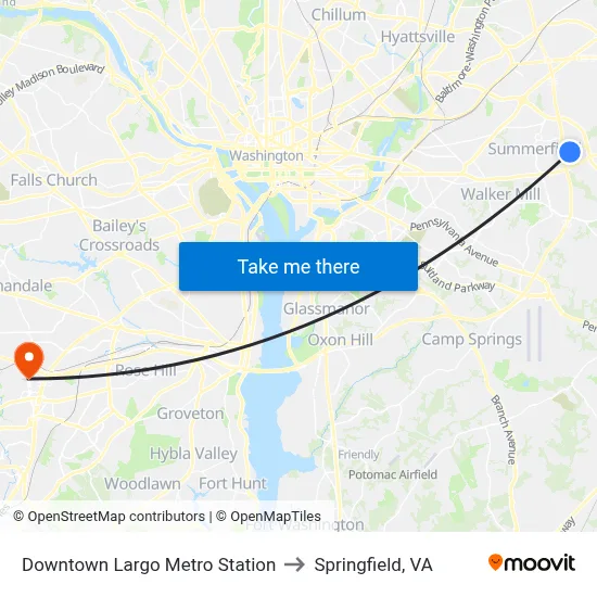 Downtown Largo Metro Station to Springfield, VA map