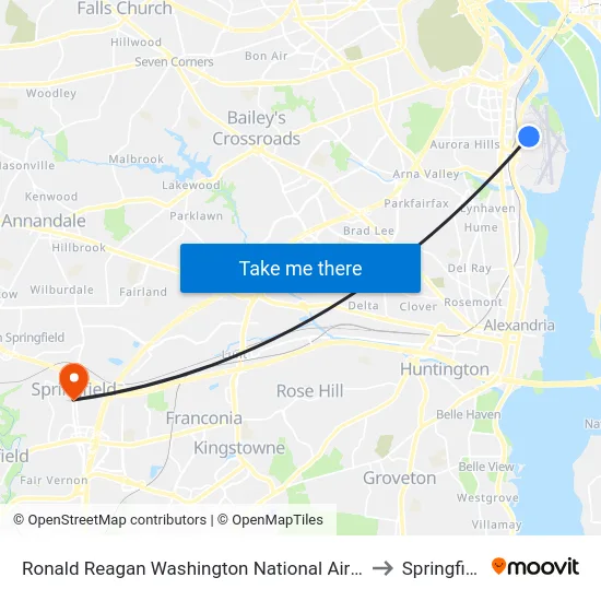 Ronald Reagan Washington National Airport Metrorail Station to Springfield, VA map