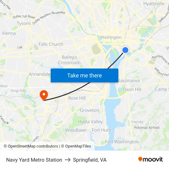 Navy Yard Metro Station to Springfield, VA map