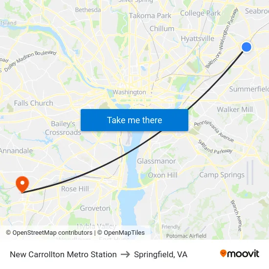 New Carrollton Metro Station to Springfield, VA map
