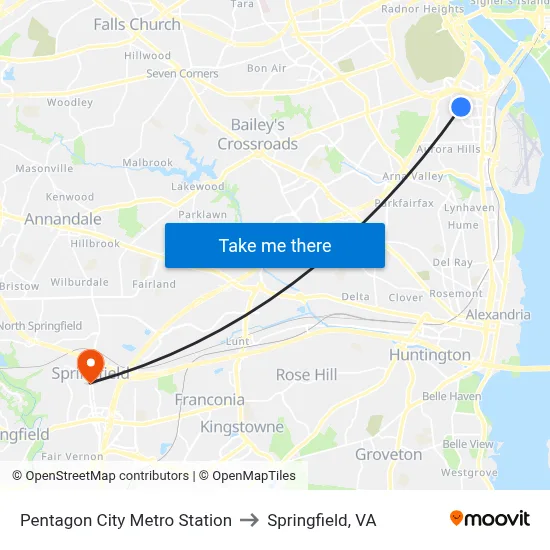 Pentagon City Metro Station to Springfield, VA map