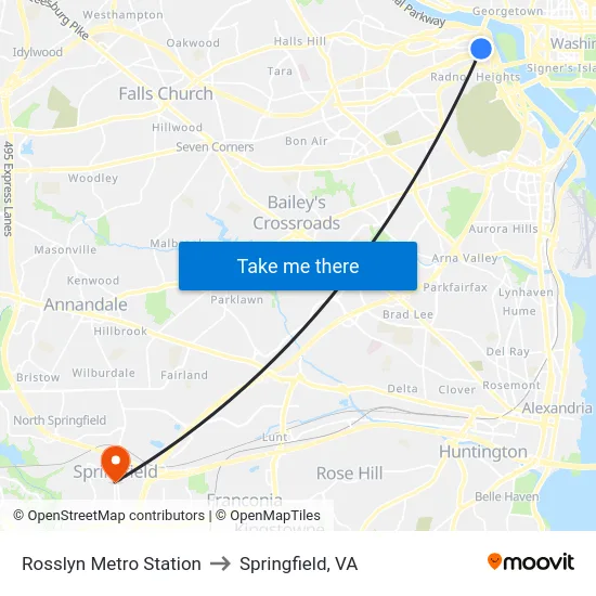 Rosslyn Metro Station to Springfield, VA map