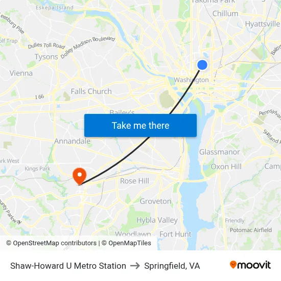 Shaw-Howard U Metro Station to Springfield, VA map