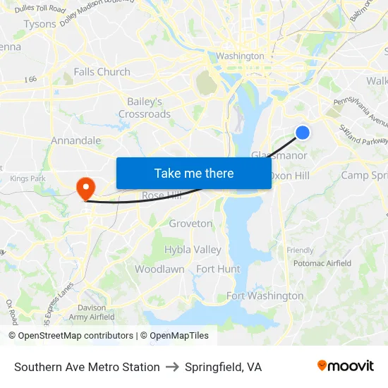 Southern Ave Metro Station to Springfield, VA map