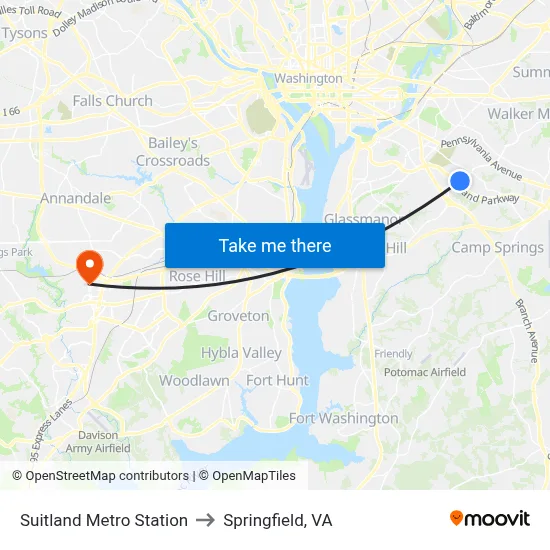 Suitland Metro Station to Springfield, VA map