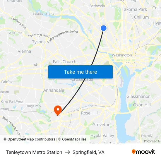 Tenleytown Metro Station to Springfield, VA map