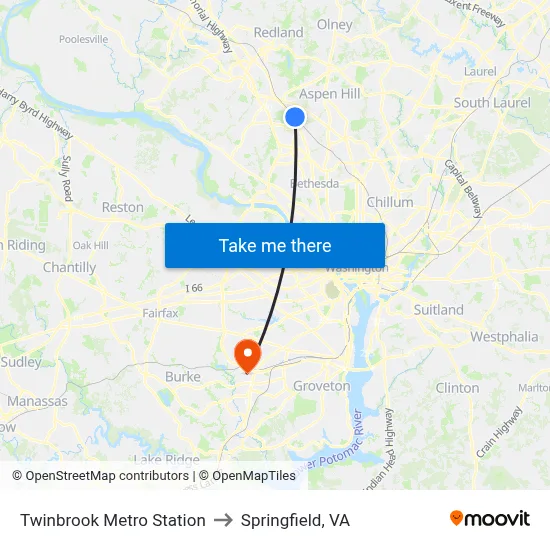 Twinbrook Metro Station to Springfield, VA map