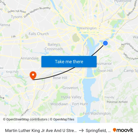 Martin Luther King Jr Ave And U Street SE to Springfield, VA map