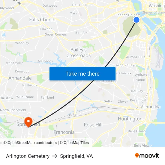 Arlington Cemetery to Springfield, VA map