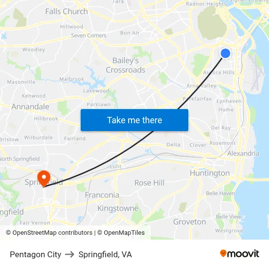 Pentagon City to Springfield, VA map