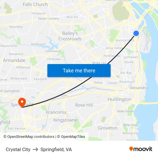Crystal City to Springfield, VA map