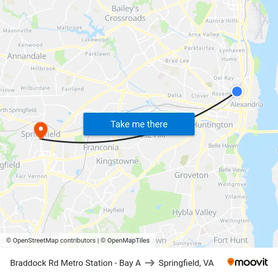Braddock Rd Metro Station - Bay A to Springfield, VA map
