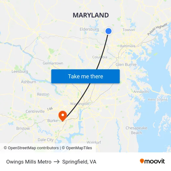 Owings Mills Metro to Springfield, VA map