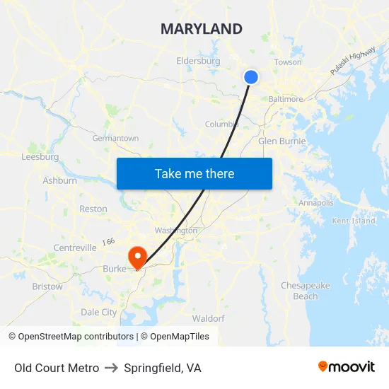Old Court Metro to Springfield, VA map