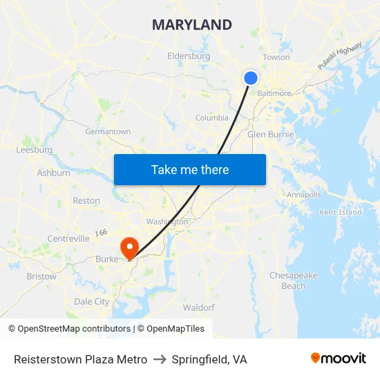 Reisterstown Plaza Metro to Springfield, VA map