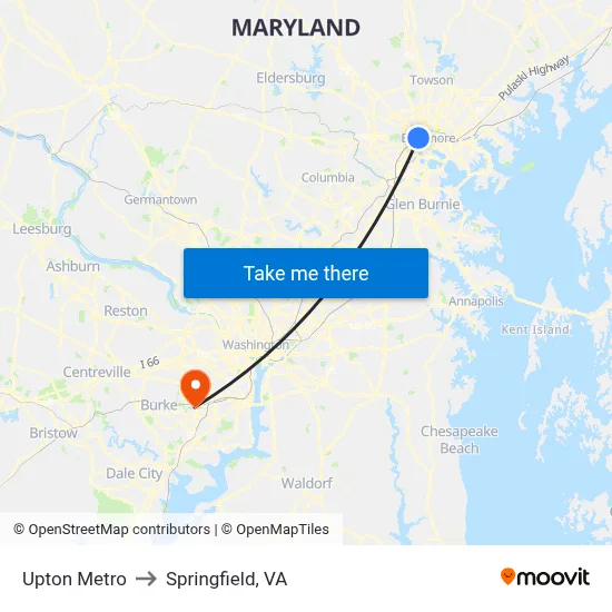 Upton Metro to Springfield, VA map