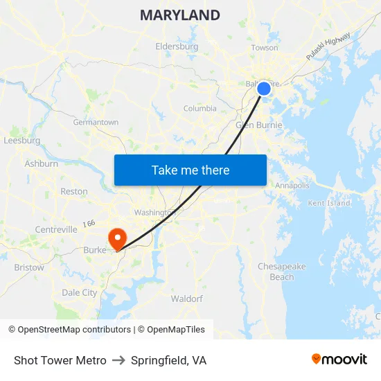 Shot Tower Metro to Springfield, VA map