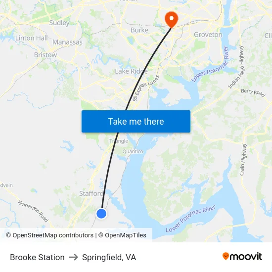 Brooke Station to Springfield, VA map