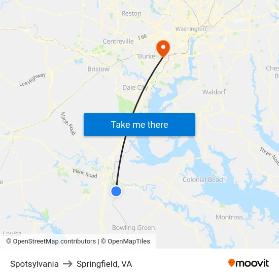Spotsylvania to Springfield, VA map