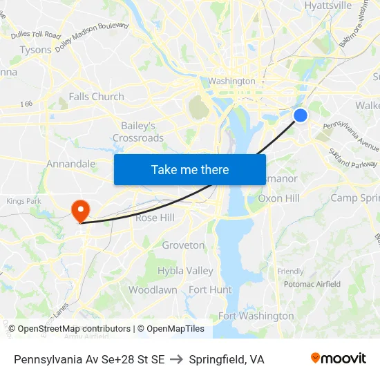 Pennsylvania Av Se+28 St SE to Springfield, VA map