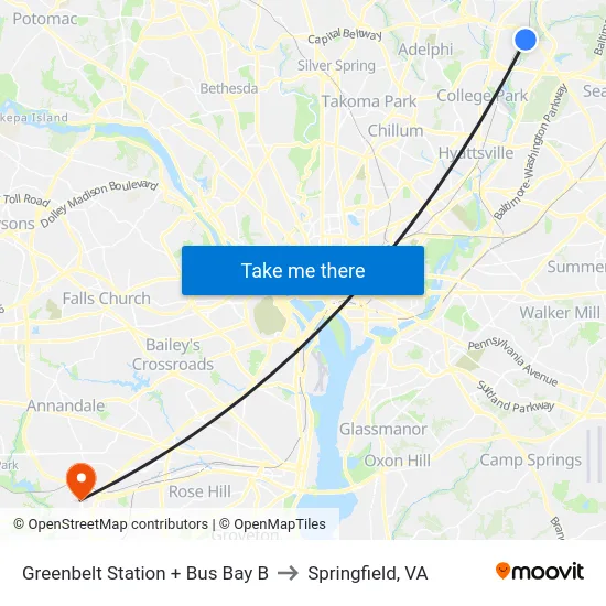Greenbelt Station + Bus Bay B to Springfield, VA map