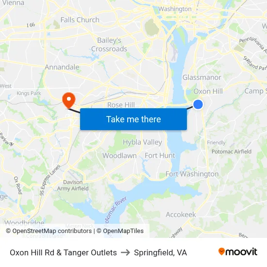 Oxon Hill Rd & Tanger Outlets to Springfield, VA map
