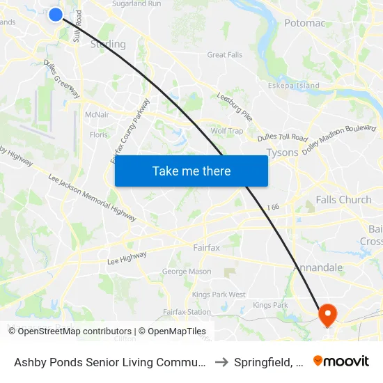 Ashby Ponds Senior Living Community to Springfield, VA map
