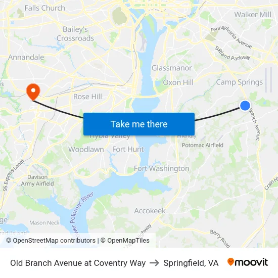 Old Branch Avenue at Coventry Way to Springfield, VA map