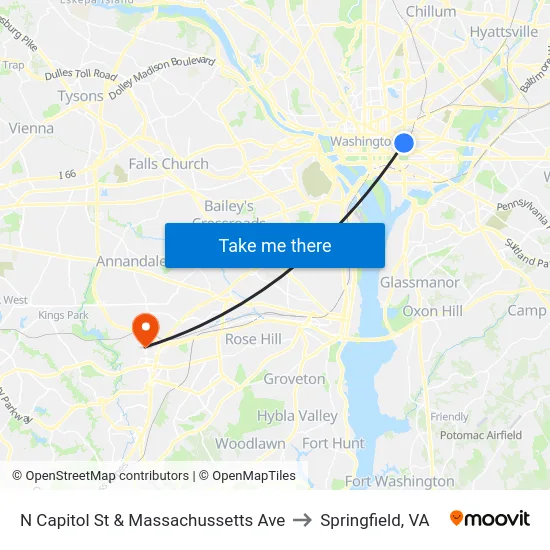 N Capitol St & Massachussetts Ave to Springfield, VA map
