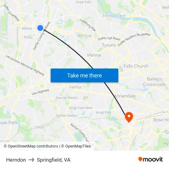 Herndon to Springfield, VA map