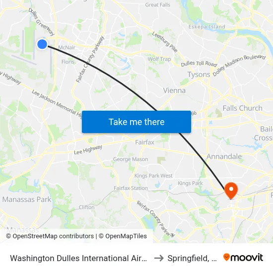 Washington Dulles International Airport to Springfield, VA map