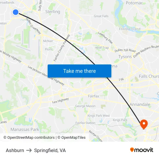 Ashburn to Springfield, VA map