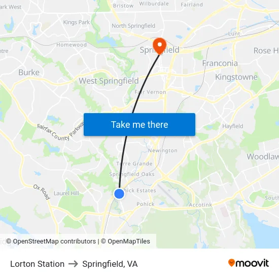 Lorton Station to Springfield, VA map