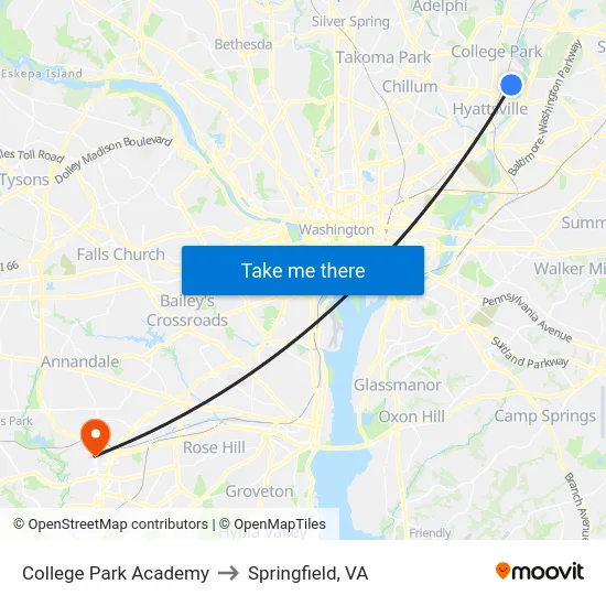 College Park Academy to Springfield, VA map