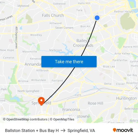 Ballston Station + Bus Bay H to Springfield, VA map