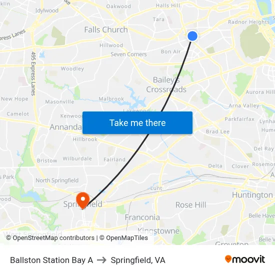 Ballston Station Bay A to Springfield, VA map