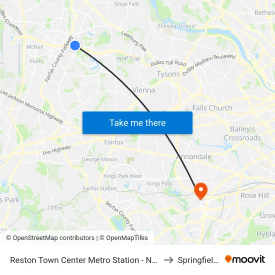 Reston Town Center Metro Station - North Bus Bay to Springfield, VA map