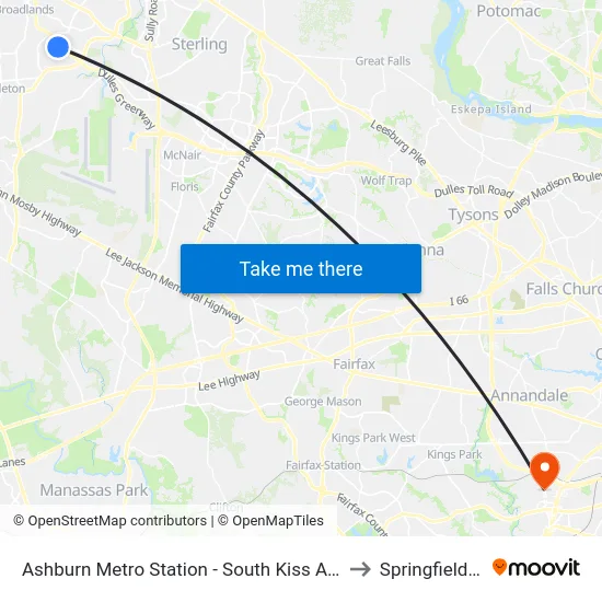 Ashburn Metro Station - South Kiss And Ride to Springfield, VA map