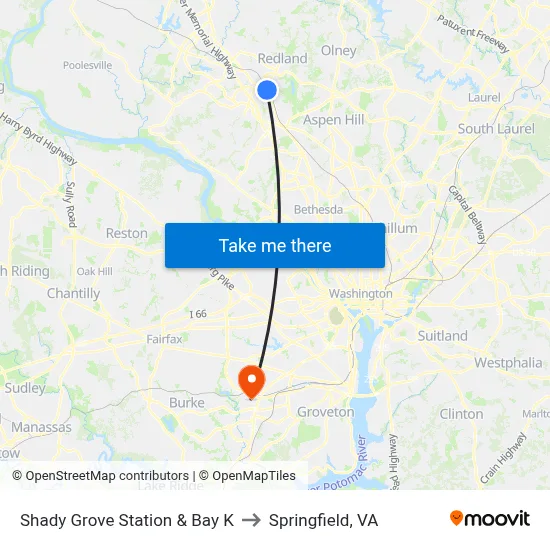 Shady Grove Station & Bay K to Springfield, VA map
