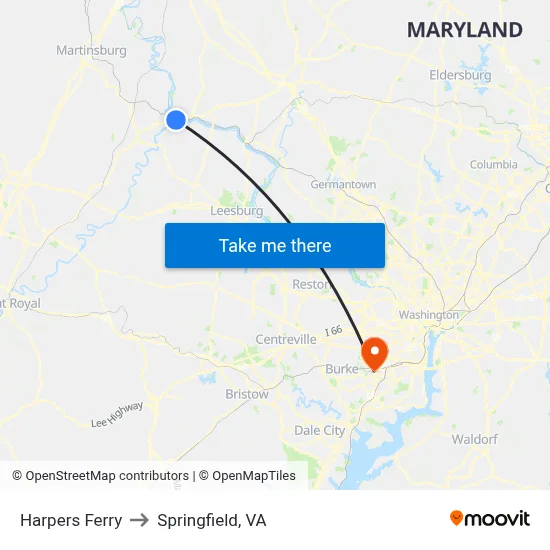 Harpers Ferry to Springfield, VA map