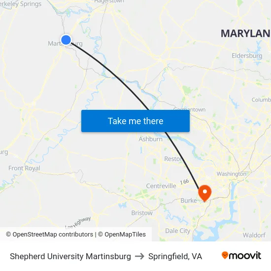 Shepherd University Martinsburg to Springfield, VA map