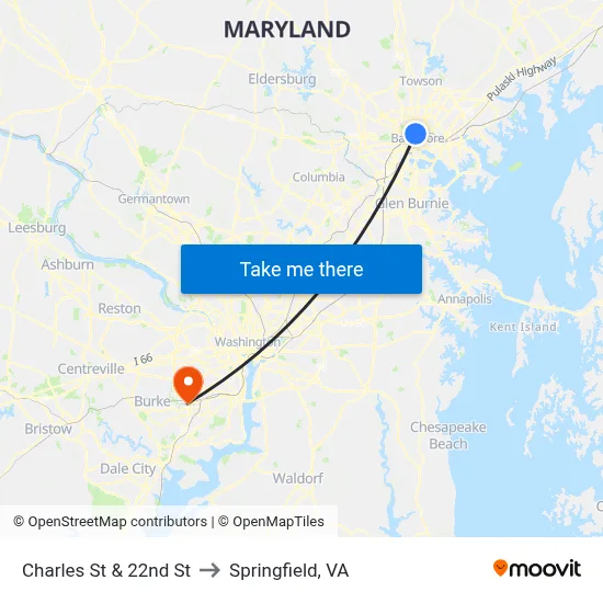 Charles St & 22nd St to Springfield, VA map