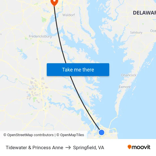 Tidewater & Princess Anne to Springfield, VA map