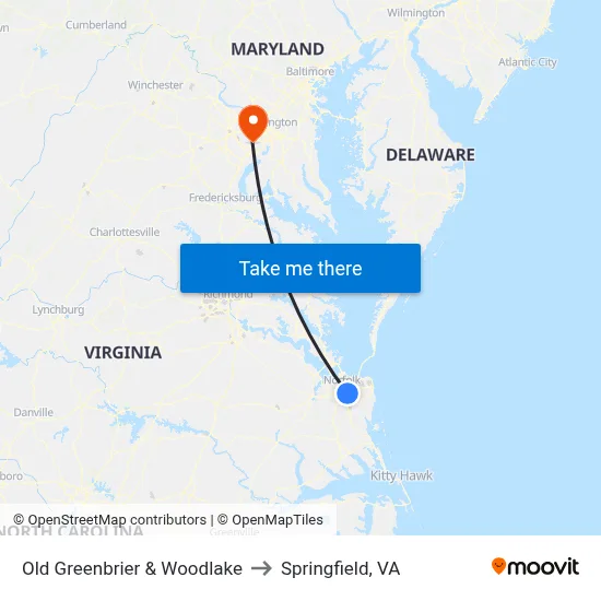 Old Greenbrier & Woodlake to Springfield, VA map