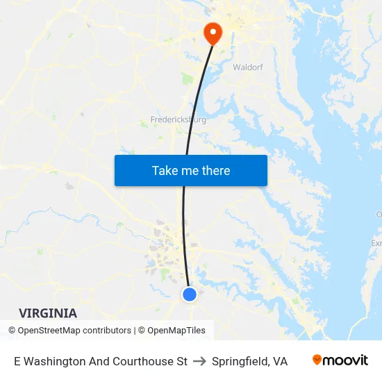 E Washington And Courthouse St to Springfield, VA map