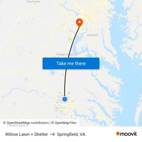 Willow Lawn + Shelter to Springfield, VA map