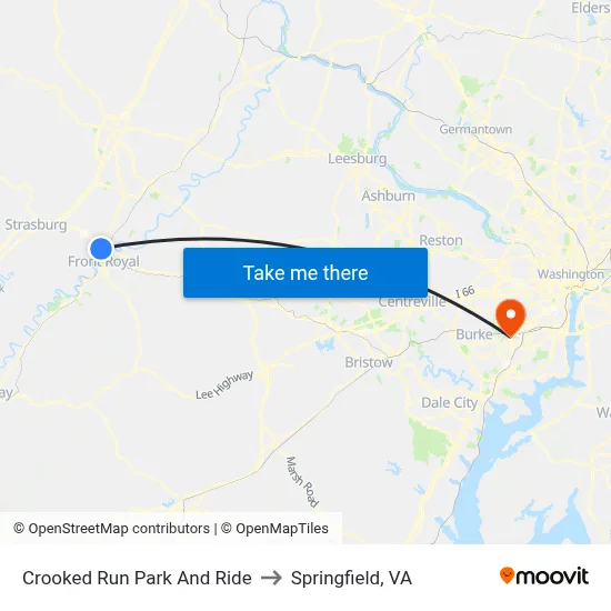 Crooked Run Park And Ride to Springfield, VA map