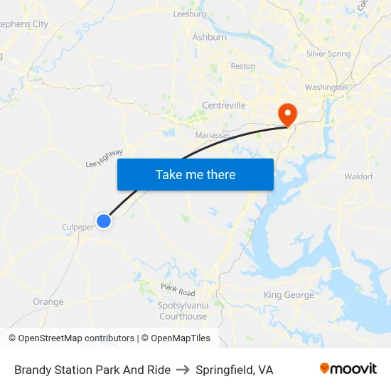 Brandy Station Park And Ride to Springfield, VA map