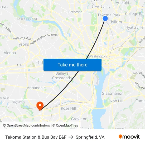 Takoma Station & Bus Bay E&F to Springfield, VA map